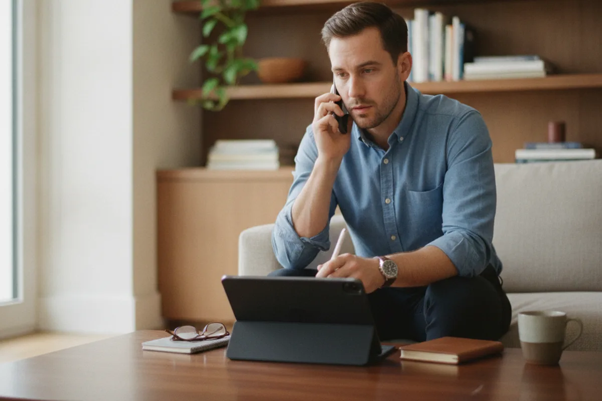 A young man on the phone, discussing financial or legal advice for estate planning.