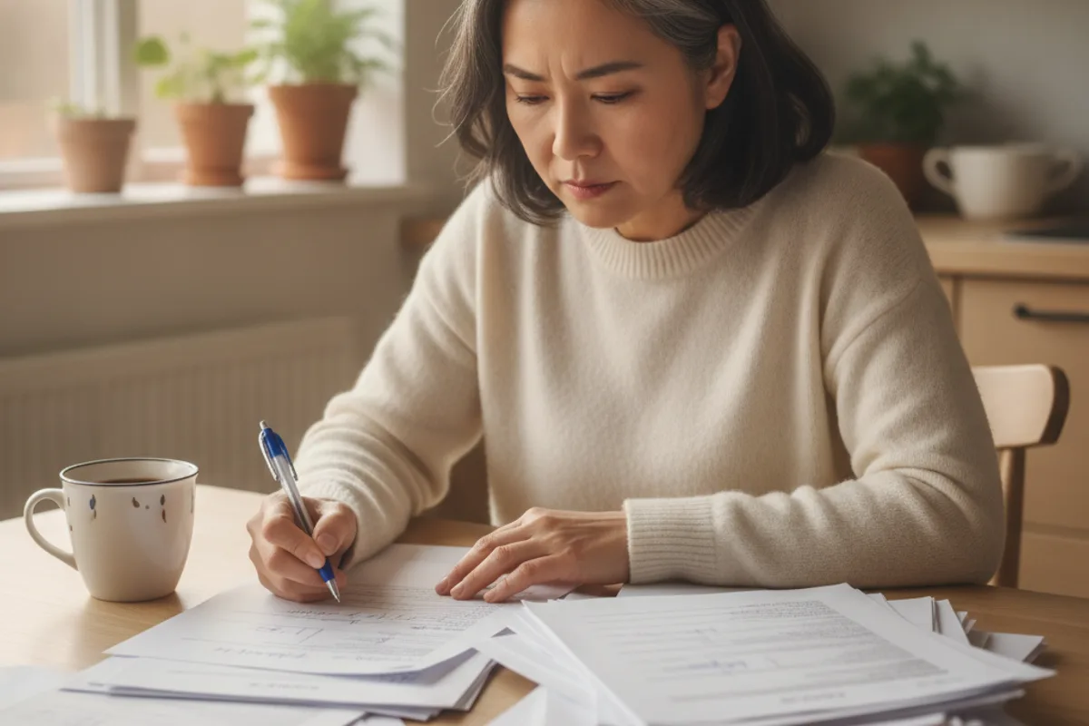 A person reviews a stack of paperwork at a kitchen table, focused on the complex details.