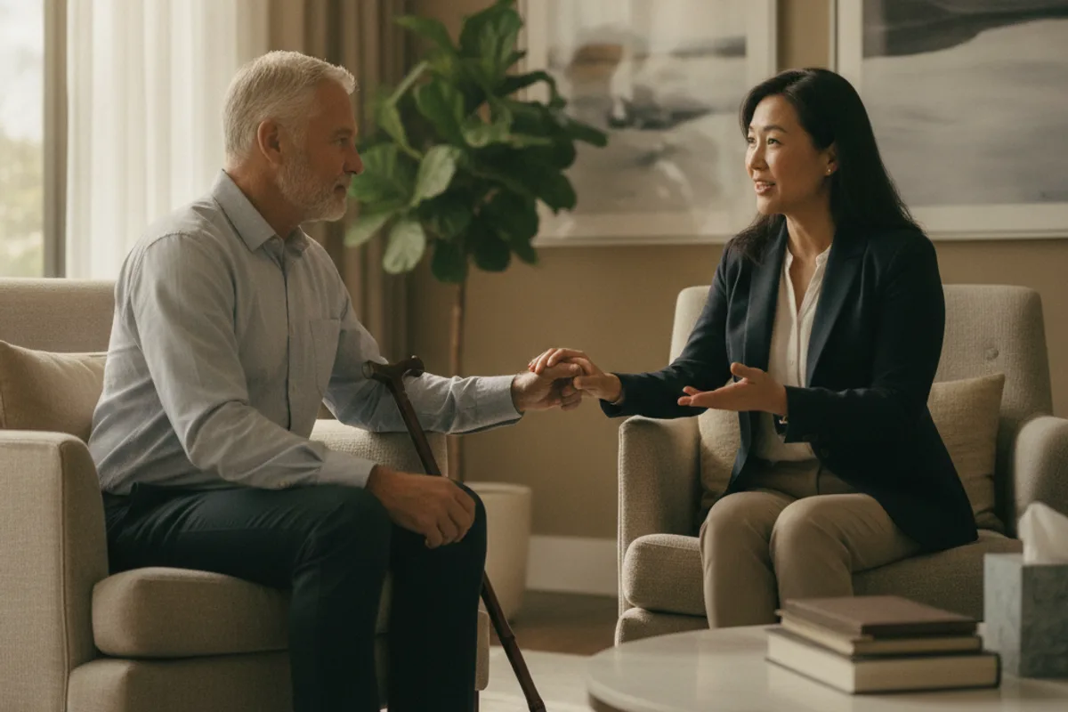 A diverse couple listens attentively to a professional during a consultation about disability benefits.