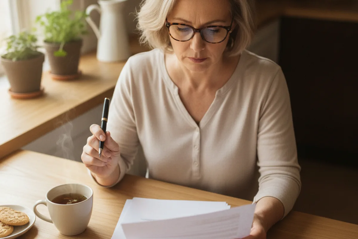 A middle-aged woman thoughtfully reviews legal documents at her kitchen table.