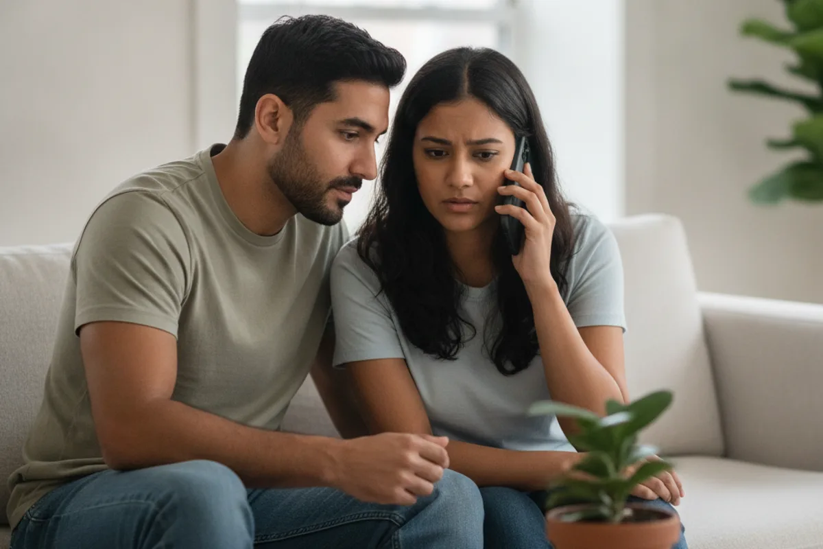 A diverse young couple discusses future plans, consulting an advisor on the phone.