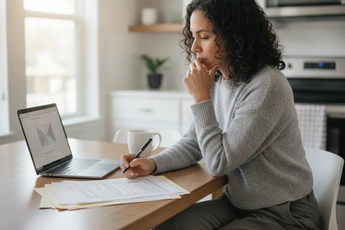 A thoughtful woman reviews real estate documents and a laptop at her kitchen table, considering her earnest money options.