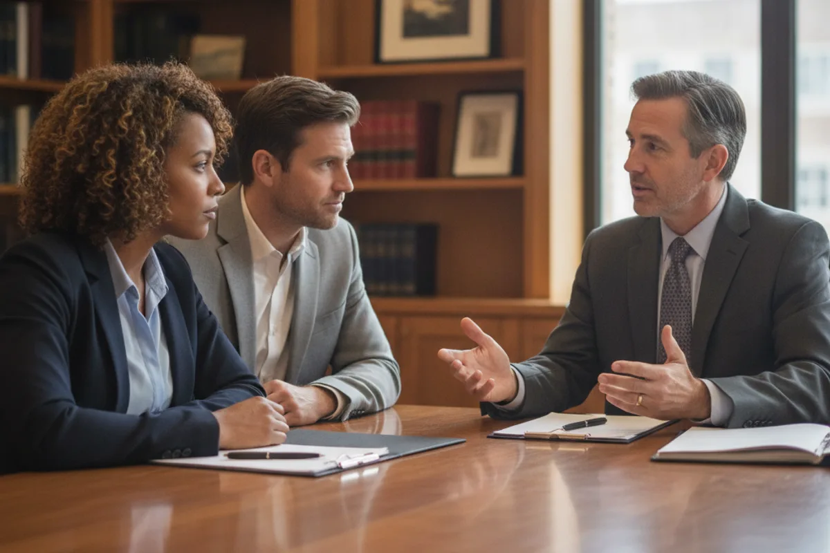 An interracial couple intently listens to their male attorney in a professional office, seeking advice on a home sale dispute.