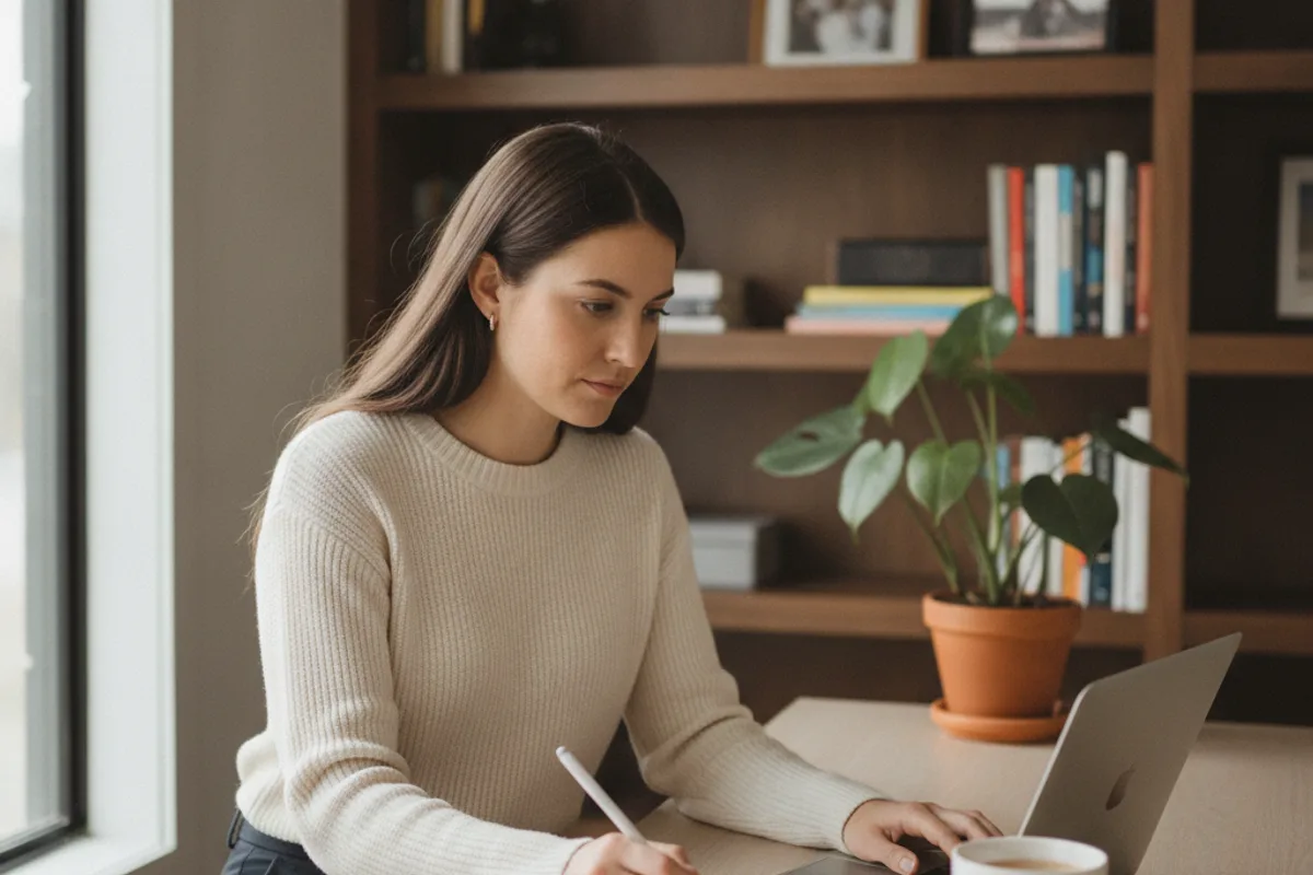 Young woman works intently on her laptop in a bright, organized home office setting.