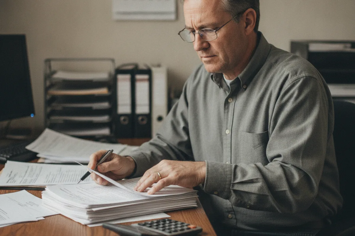 Small business owner intently reviews legal documents and contracts at his office desk.