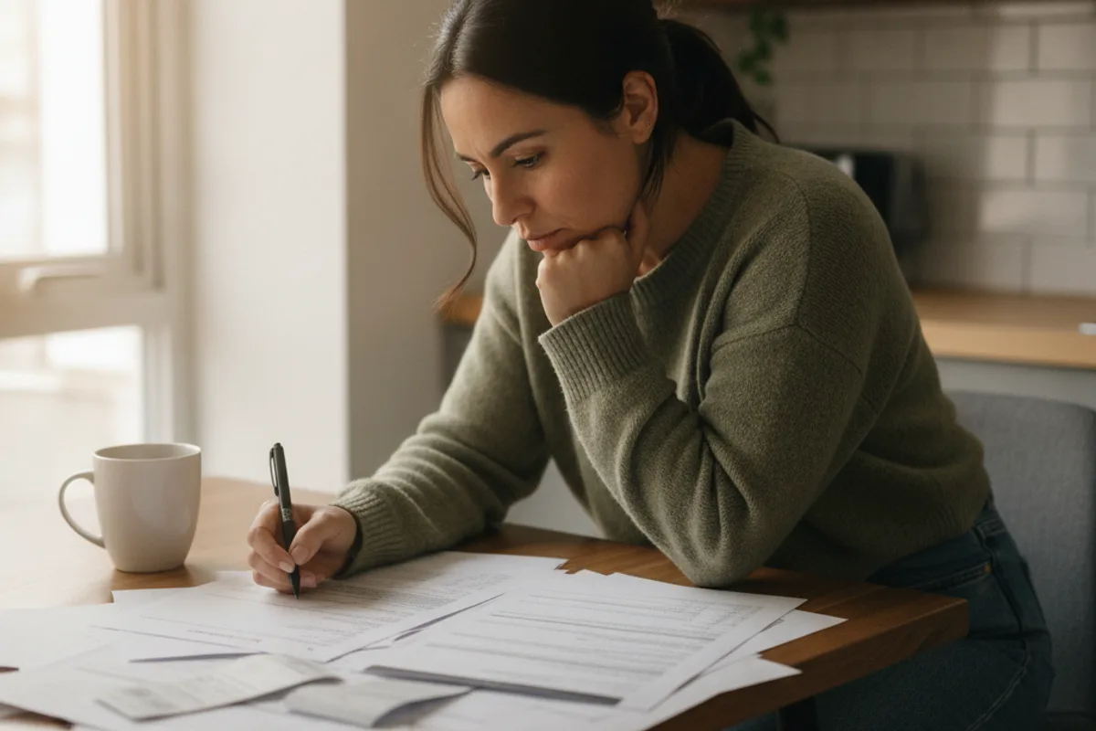 Una mujer revisa documentos relacionados con el empleo en la mesa de su cocina, luciendo concentrada y ligeramente preocupada.
