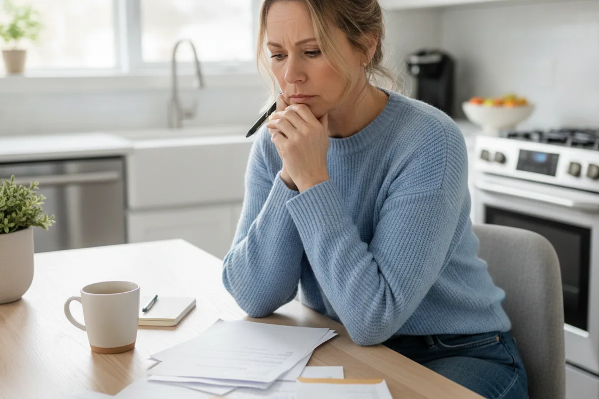 Woman thoughtfully reviews estate-related papers and financial documents at her kitchen table.