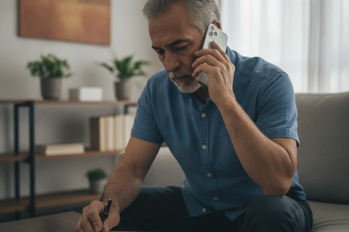 Senior man on a phone call, taking notes, discussing estate matters with an advisor from home.