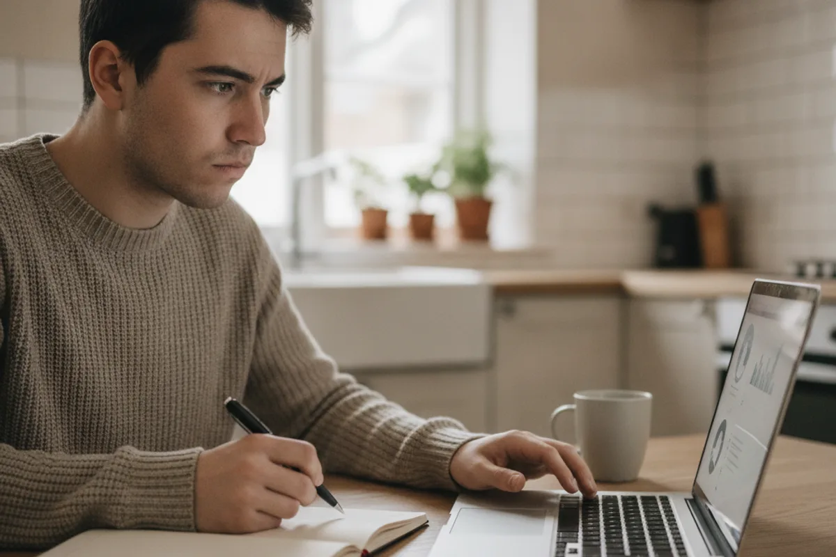 Person at kitchen table reviews content on laptop, considering fair use implications.