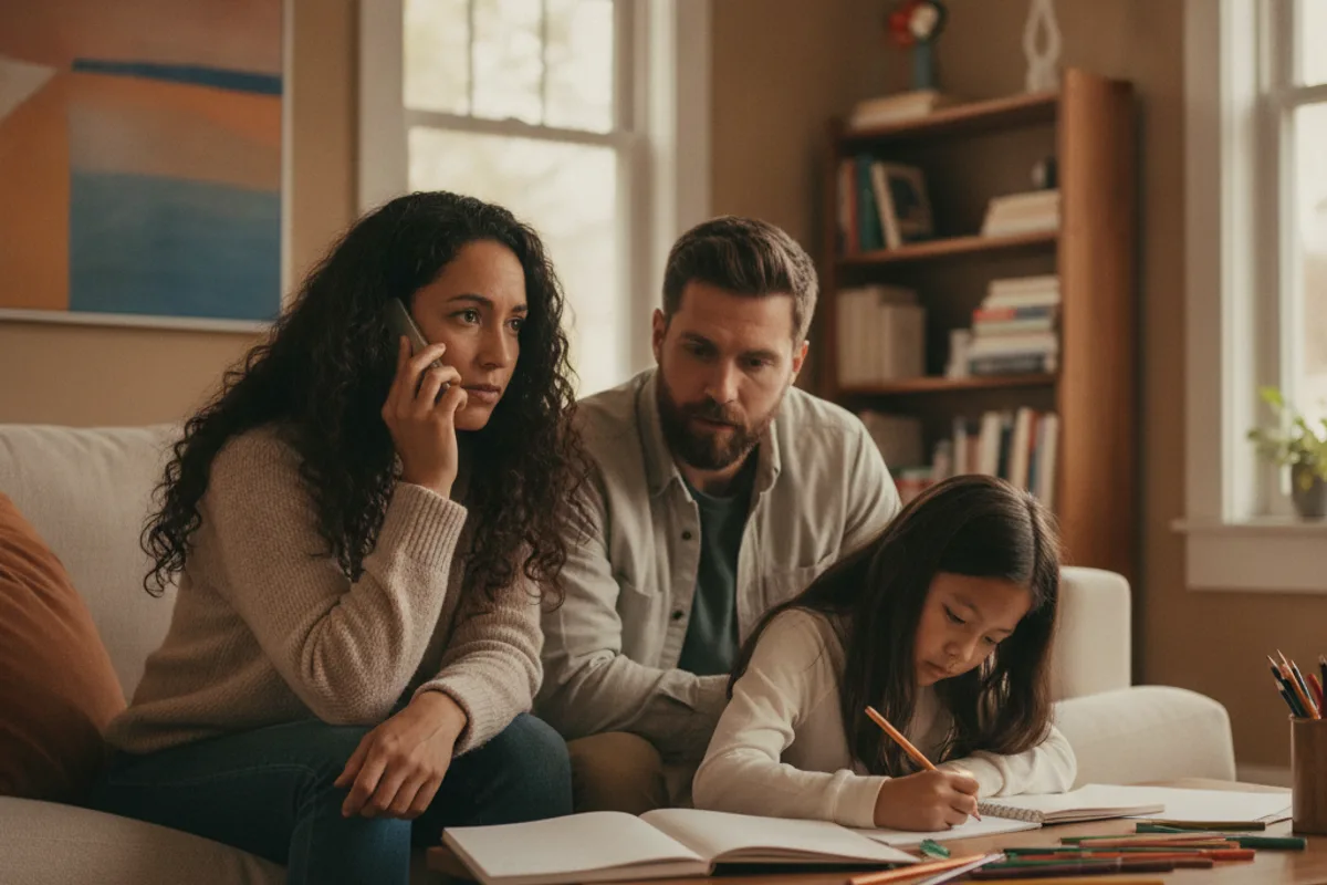 Diverse couple on a phone call with an adviser, discussing fair use for a family project.