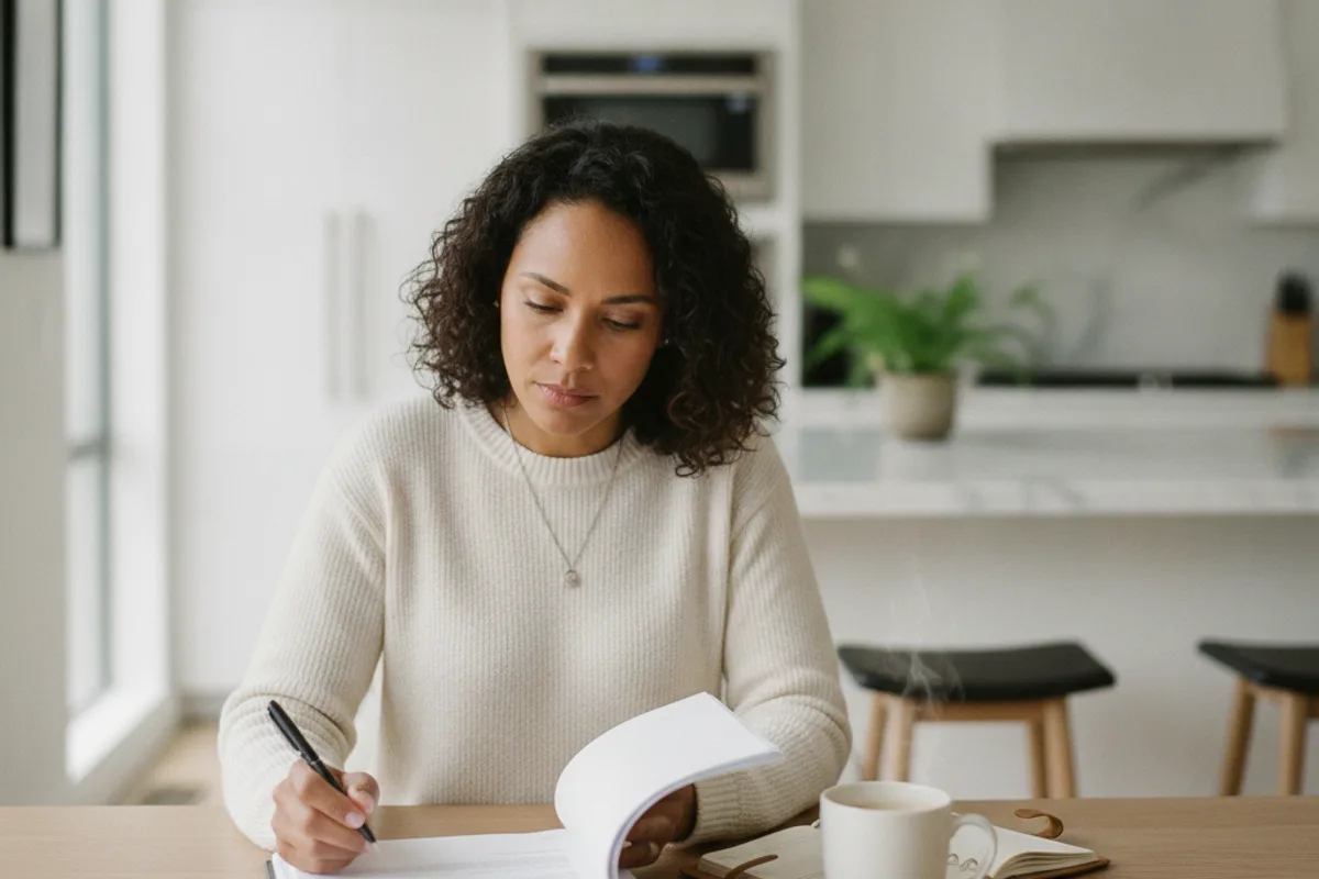 Person reviewing legal documents at a kitchen table, focused and organized in a home setting.