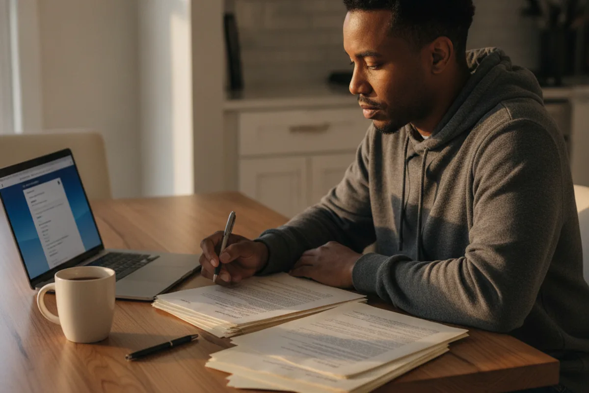 Person at a kitchen table intently reviewing legal documents and information on a laptop, a serious expression.