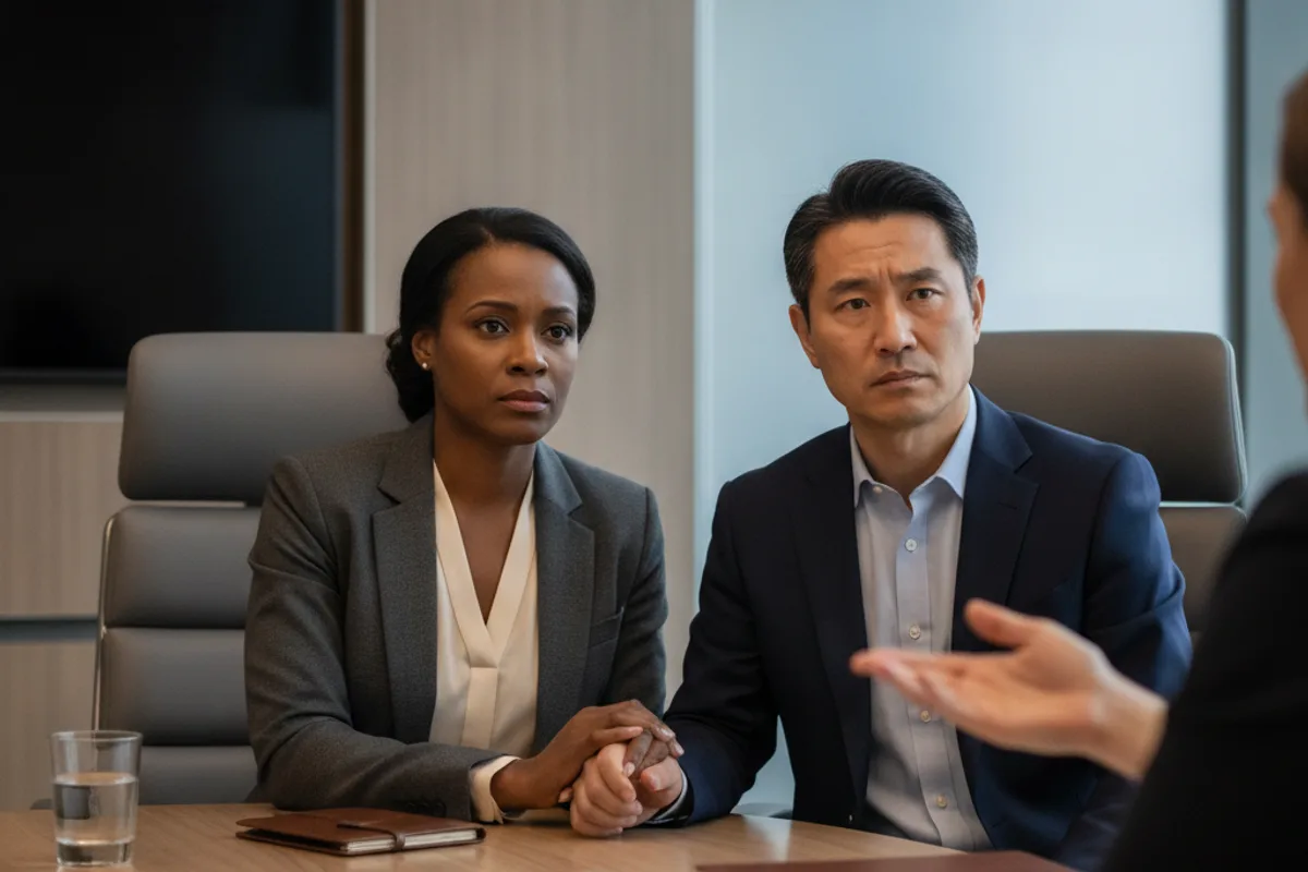 A supportive couple consults with a legal advisor in a professional setting, showing concern and attentiveness.