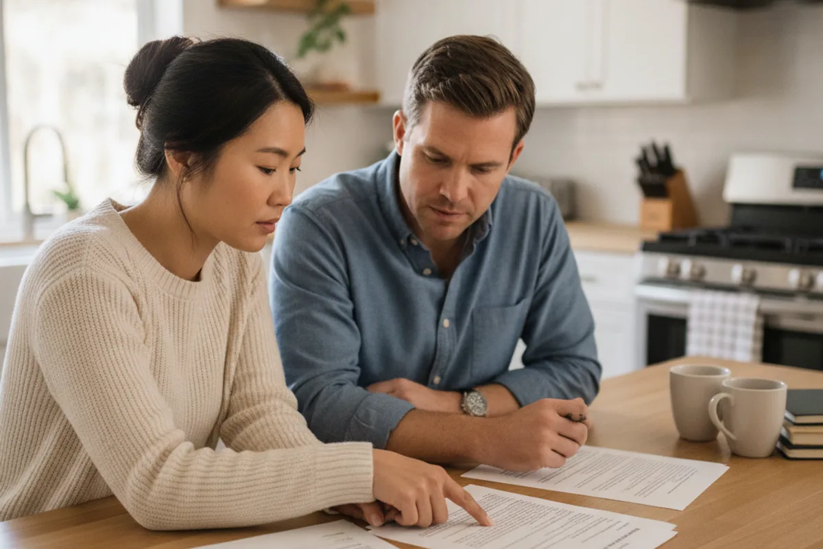 Diverse couple reviews FMLA paperwork at their kitchen table, planning for leave.