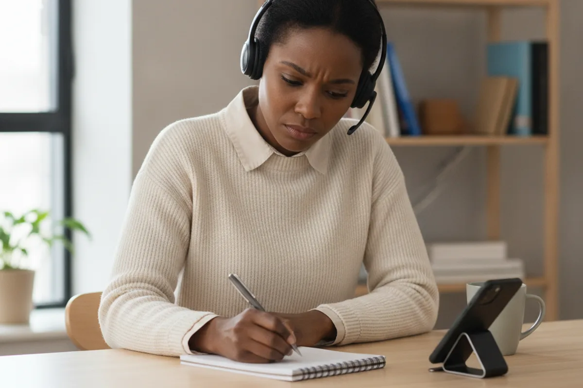 Woman on phone, taking notes, discussing FMLA options with an advisor or HR.