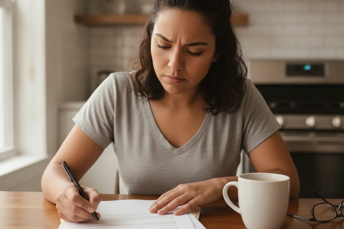 A Latina woman thoughtfully reviews immigration-related paperwork at her kitchen table at home.