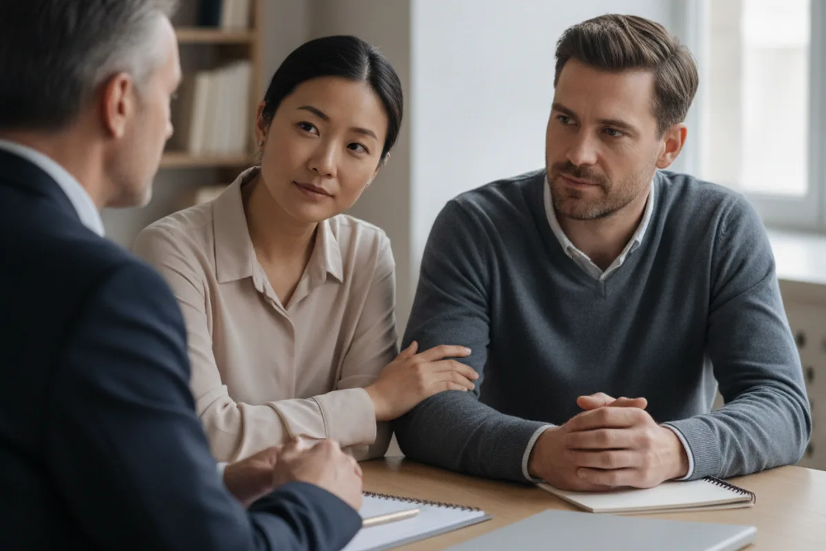 A diverse couple consults with an immigration advisor in a professional office setting, discussing their options.