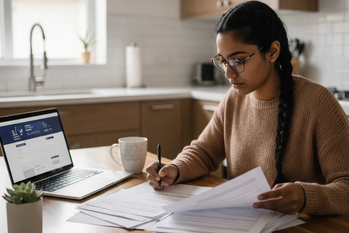 A young woman reviews H-1B visa application documents at her kitchen table, focused on preparation.