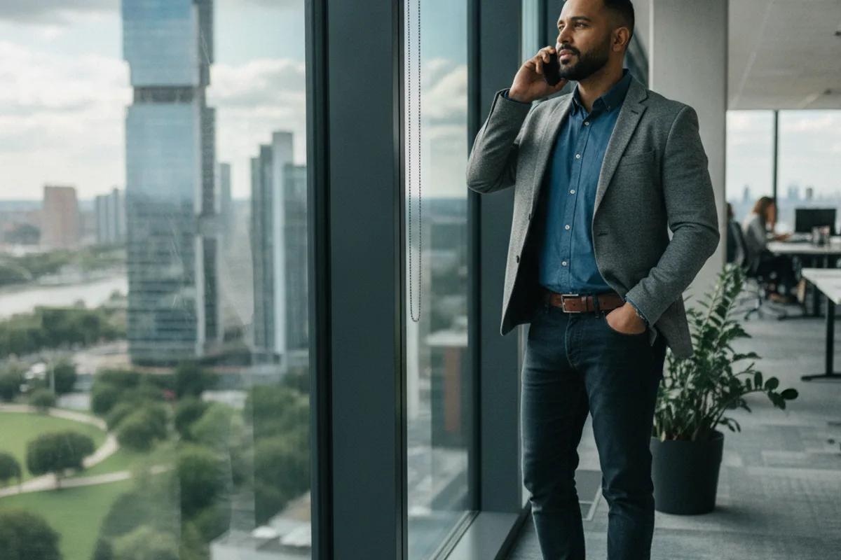 A professional on the phone, looking thoughtful, potentially discussing H-1B visa lottery results or status.