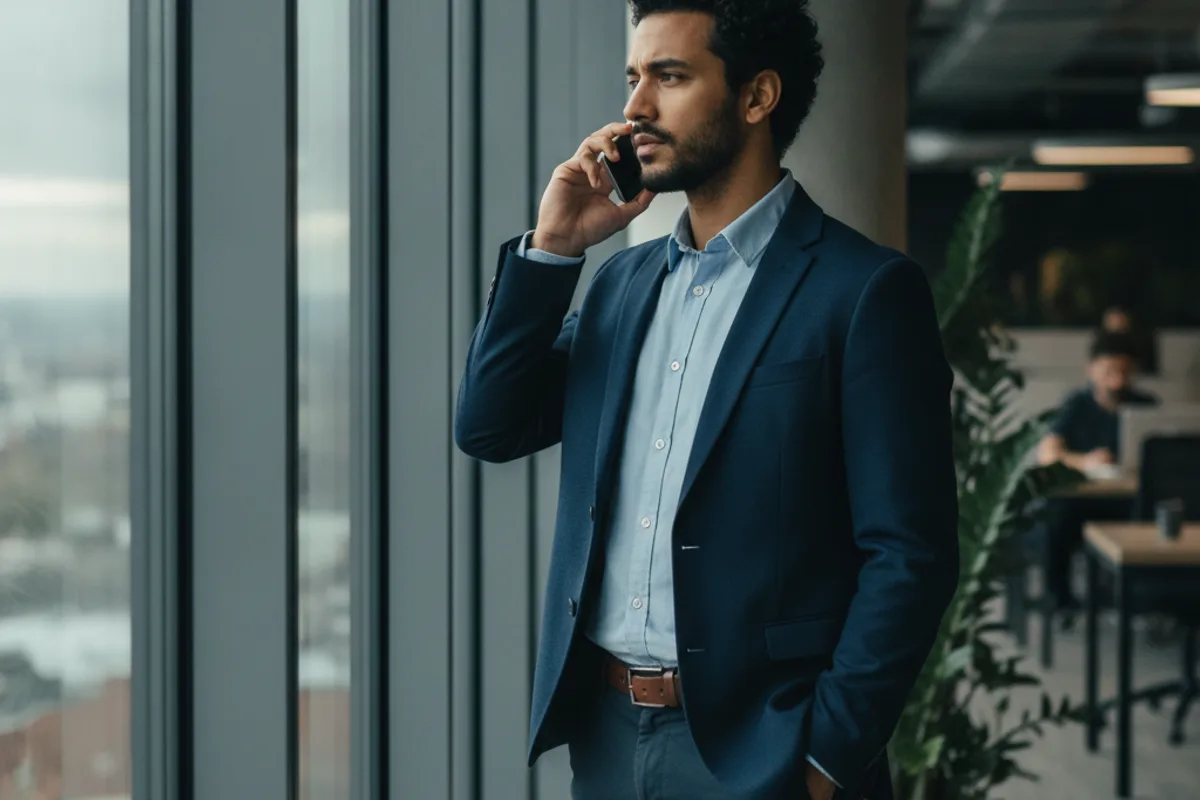 Un hombre hace una llamada telefónica seria, probablemente buscando consejo de un asesor, en una oficina moderna.