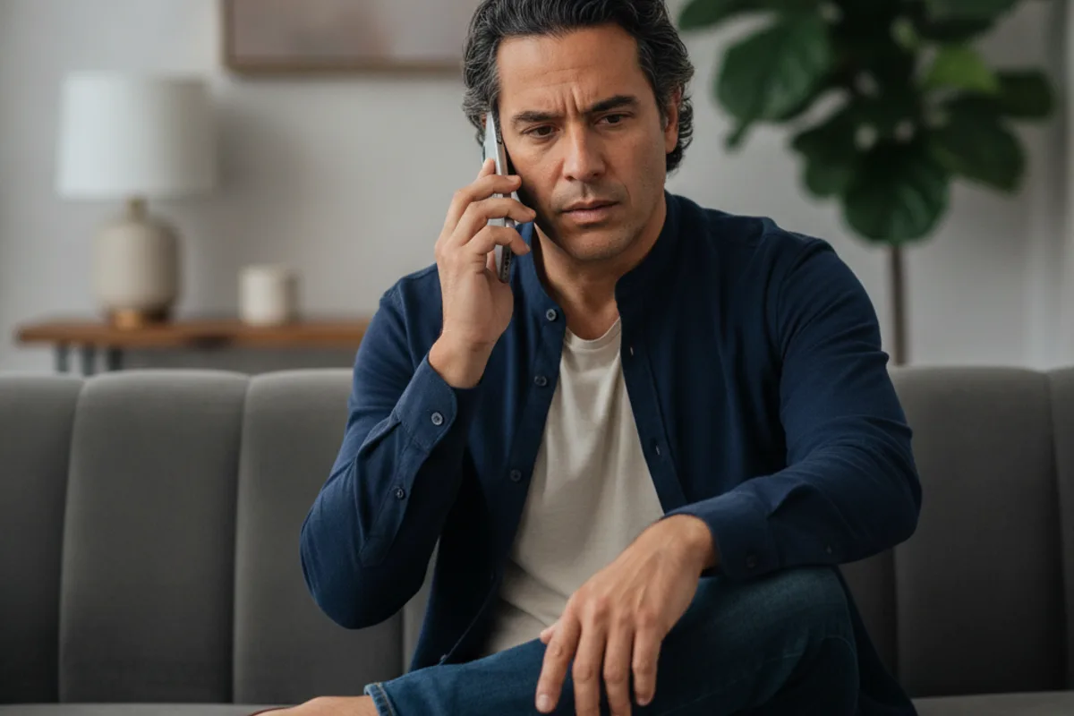 Un hombre habla por su smartphone, discutiendo asuntos legales con un asesor desde su sala.