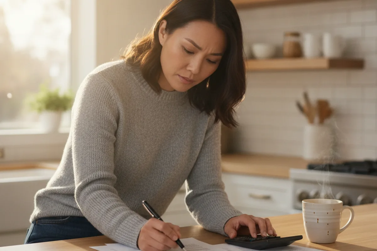 Una mujer en la mesa de su cocina, revisando documentos financieros y usando una calculadora para la manutención.