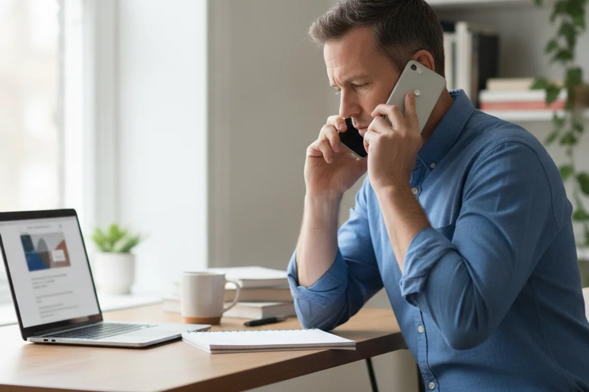 Un hombre en una llamada telefónica, tomando notas en un bloc, probablemente discutiendo asuntos financieros.