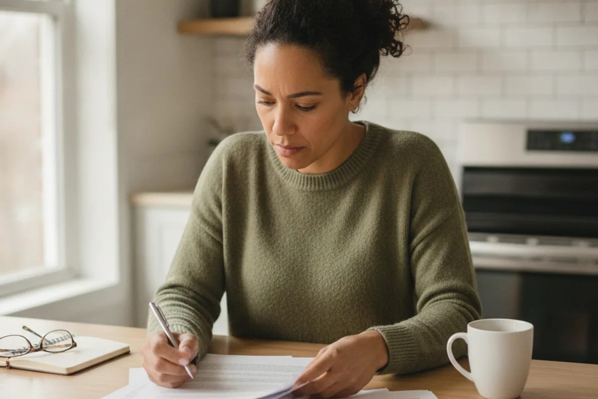 Woman reviews paperwork at her kitchen table, reflecting on important decisions.
