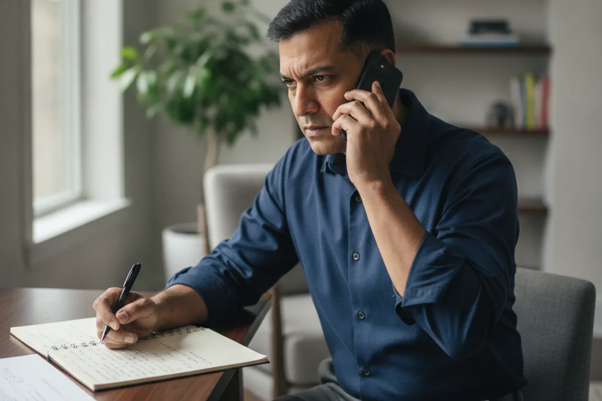 Man on a phone call, listening to an advisor, seeking guidance in a quiet home setting.