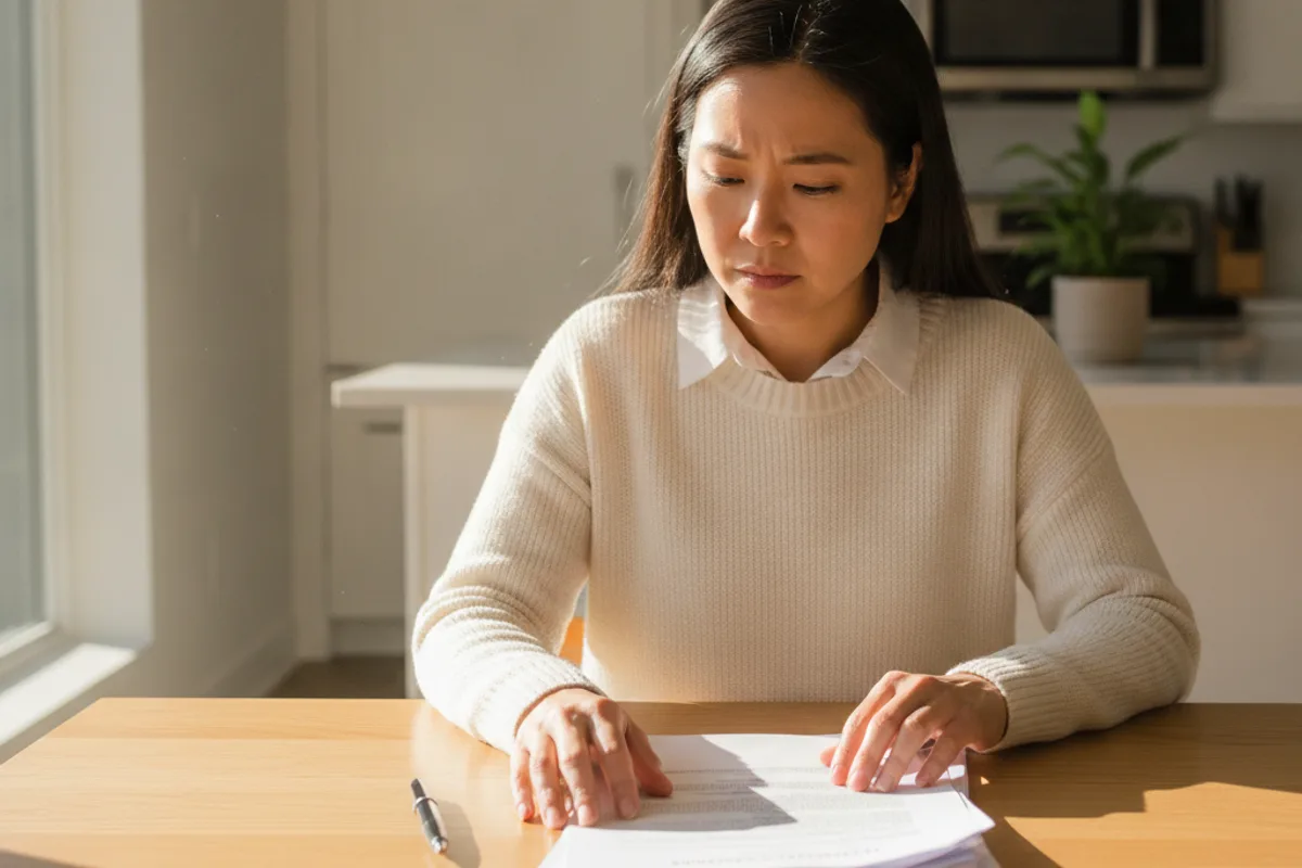 A woman thoughtfully reviews legal documents related to bail at her kitchen table at home.