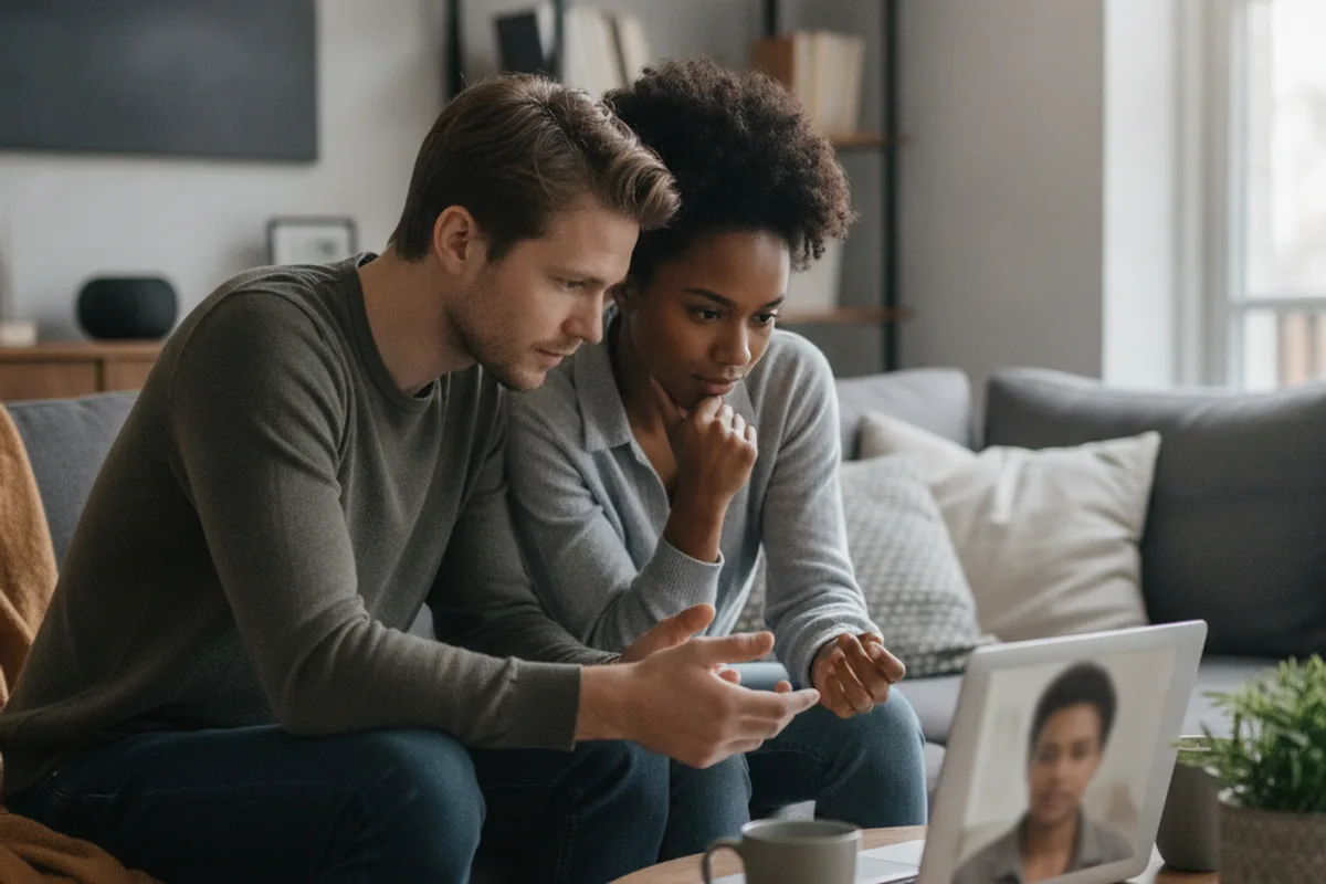A couple discusses legal advice regarding bail during a video call with an advisor.