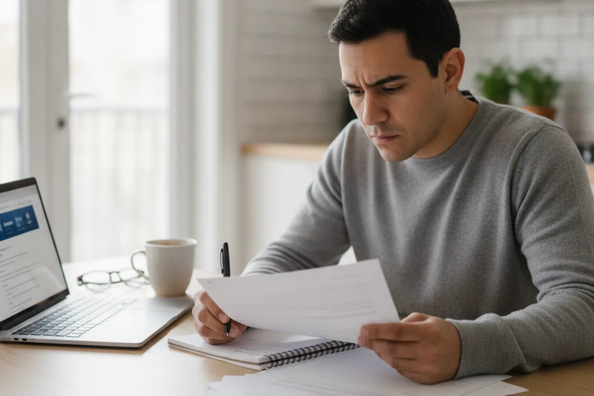 Person at a kitchen table reviewing generic legal documents and researching information on a laptop.