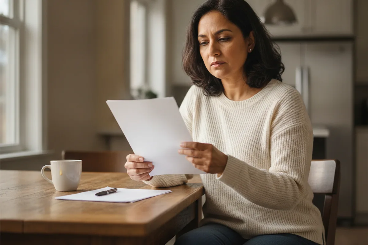A woman reviews legal documents at her kitchen table, a pen and coffee cup nearby, in a well-lit home.