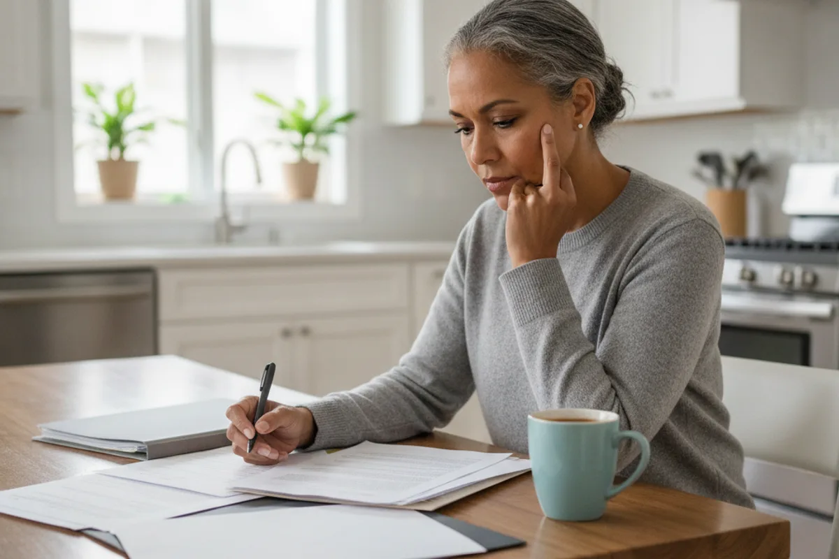 A woman thoughtfully reviews personal injury claim documents at her kitchen table in a well-lit home.