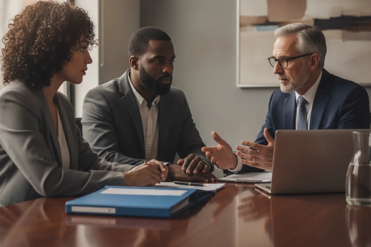 A diverse couple consults with a male personal injury attorney in a professional office, listening intently.