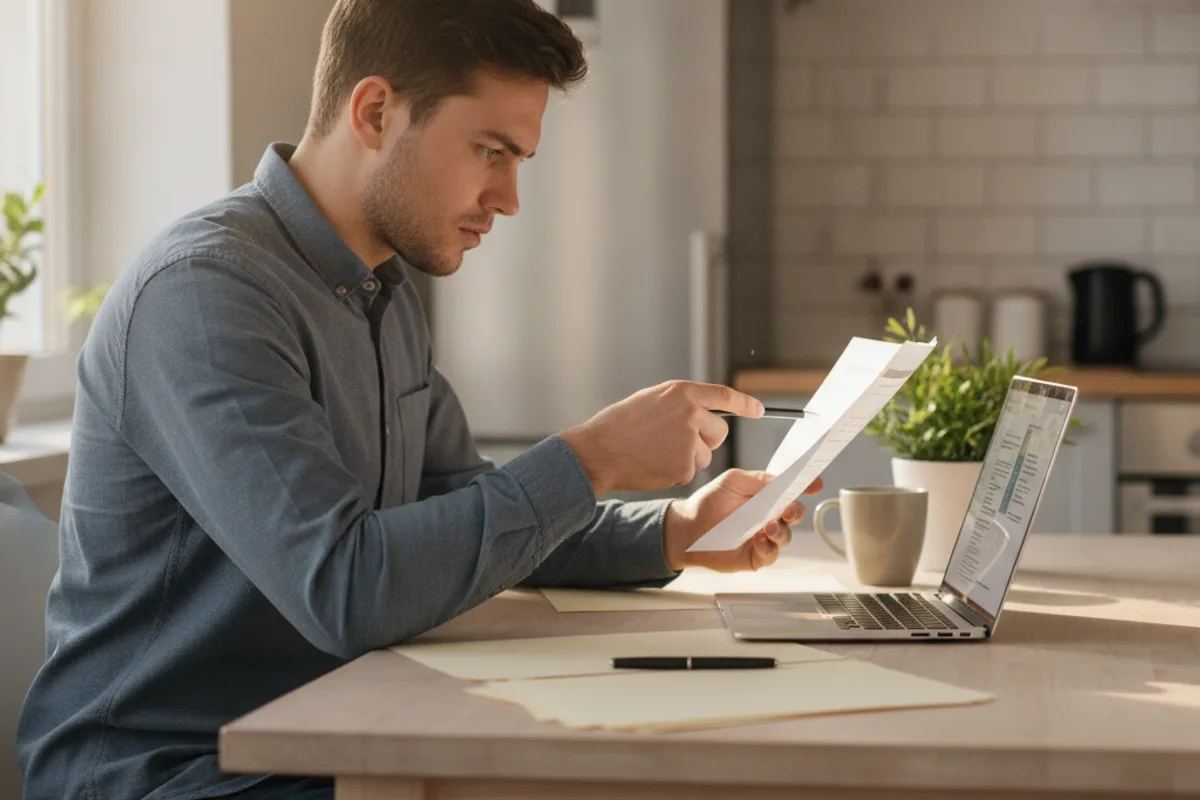 Un joven emprendedor revisa documentos de negocios y notas en su oficina en casa, planificando la formación de una LLC.