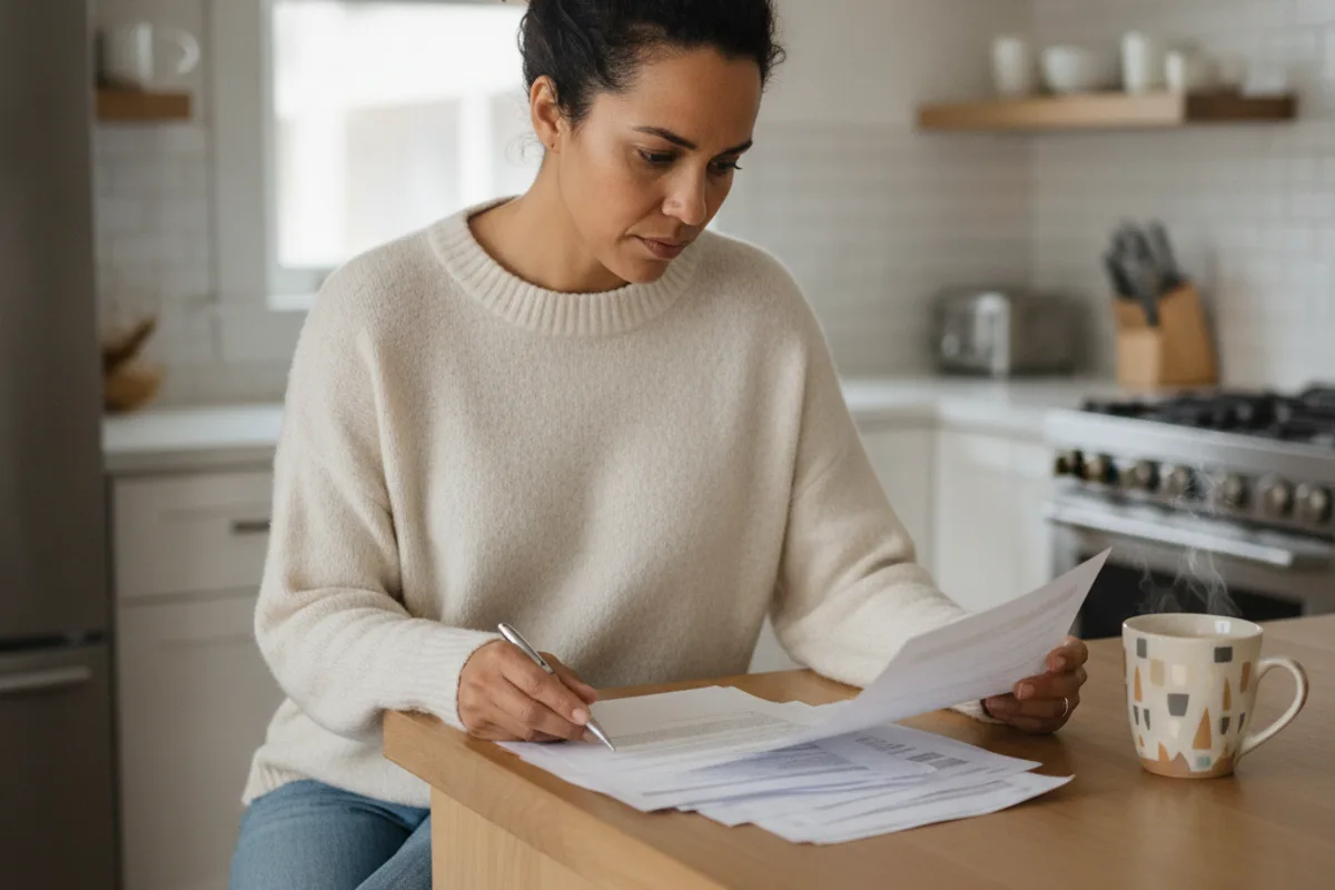 Mujer en la mesa de su cocina, concentrada en revisar documentos legales relacionados con un caso de divorcio.