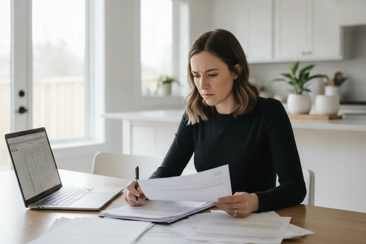 Woman thoughtfully reviews real estate closing documents at her kitchen table with a laptop.
