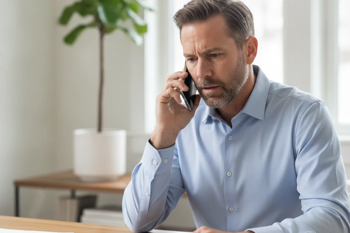 Man on a phone call in his home office, discussing real estate fees or legal advice.