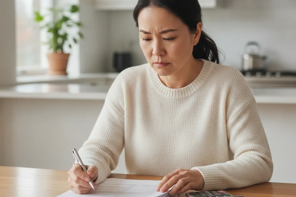 A woman reviews financial documents and papers at her kitchen table, preparing for a tax consultation.