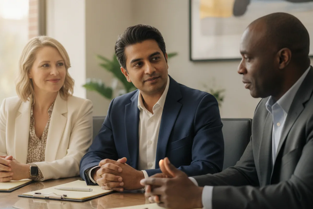 A diverse couple consults with a tax attorney in a professional office, discussing their financial situation.