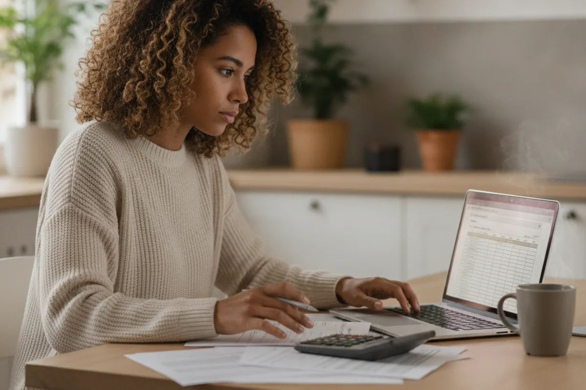 A diverse woman reviews trademark application documents and a budget spreadsheet at her kitchen table.