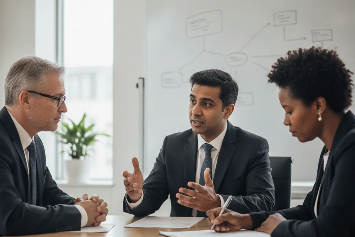 A diverse couple consults with a male trademark attorney about strategy and potential costs.