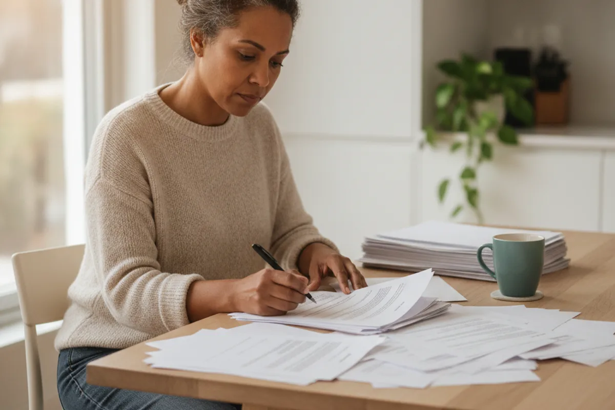 A woman reviews legal documents related to her employment situation at her kitchen table, looking thoughtful.