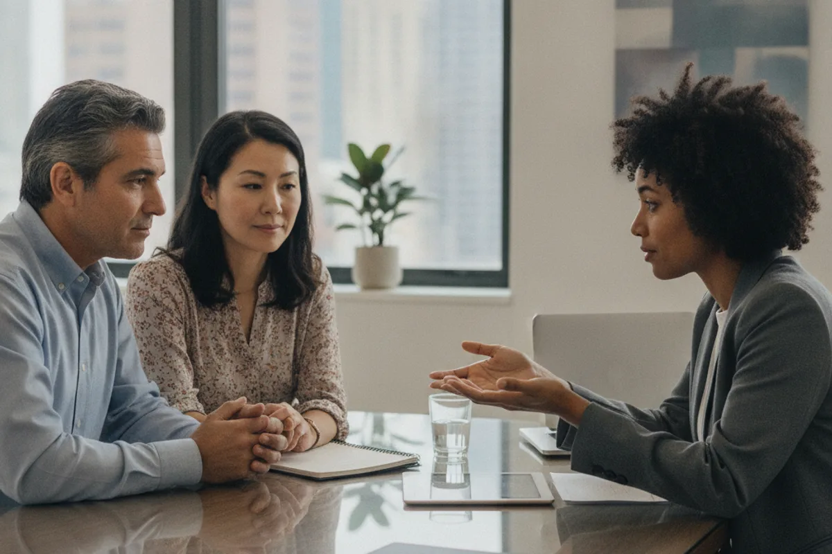 A couple consults an employment lawyer about a wrongful termination case, seeking professional advice.