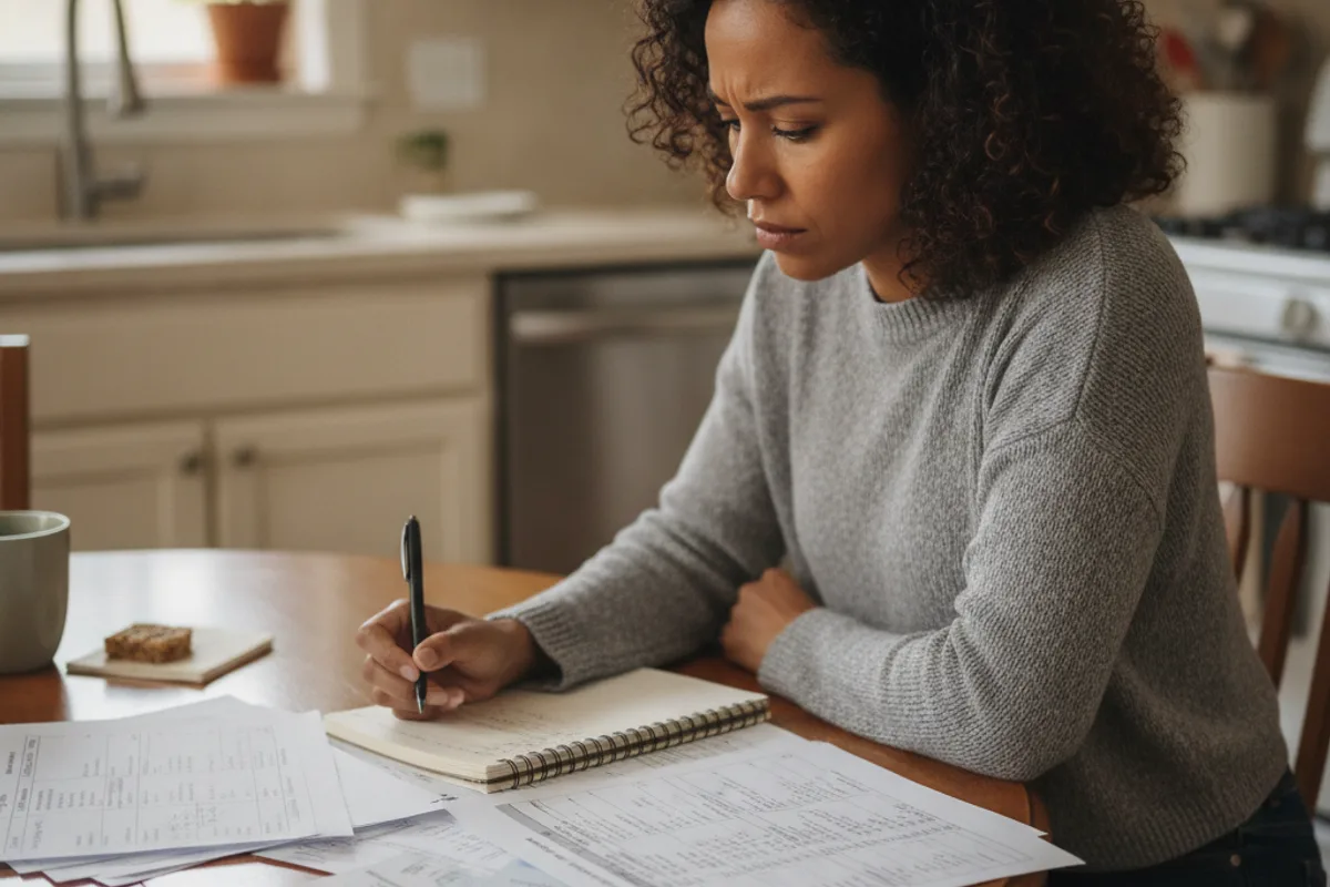 Woman reviews financial documents at her kitchen table, contemplating bankruptcy options and costs.