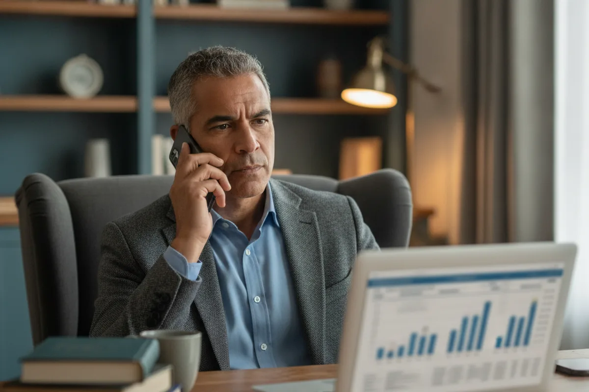 Man on phone with an advisor, discussing bankruptcy costs and legal options from his home office.