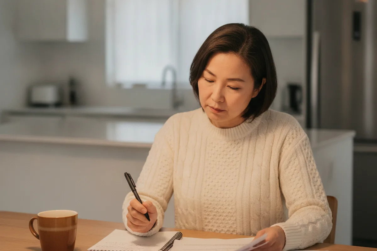 An Asian woman sits at her kitchen table, reviewing a stack of legal documents and taking notes.