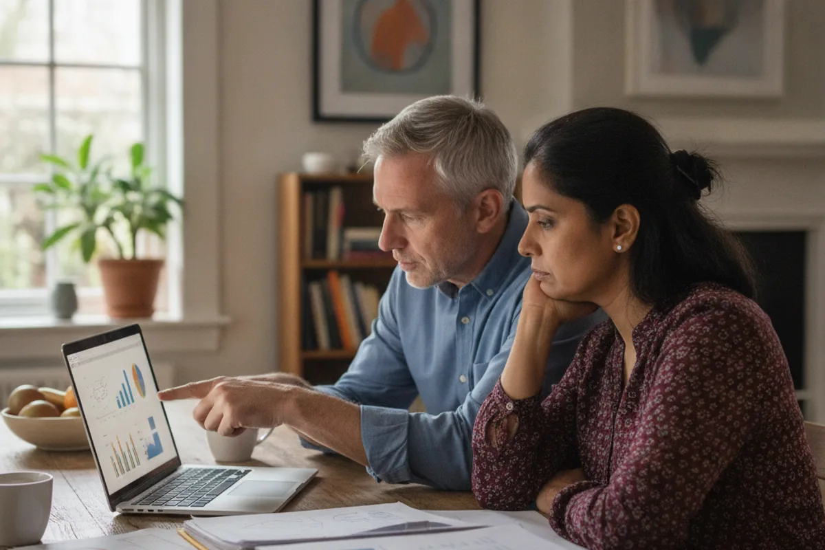 A diverse couple reviews financial documents and a laptop screen together, discussing potential legal costs at home.