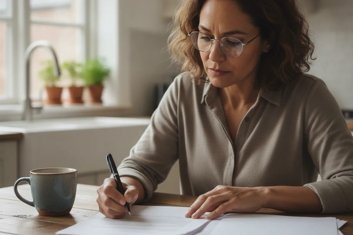 A woman with glasses reviews a stack of papers at her kitchen table, a pen and coffee nearby.